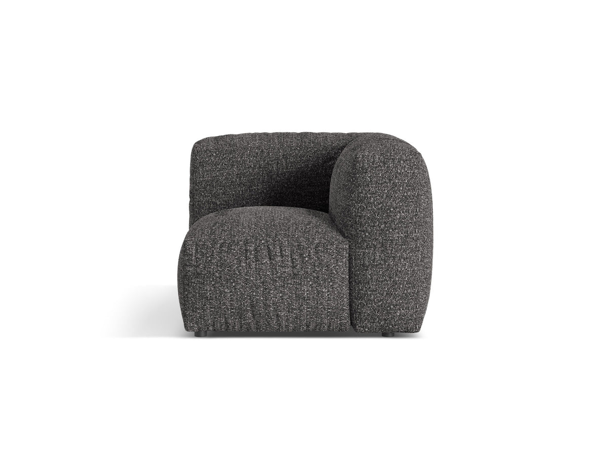 Martina Sofa-Eckmodul von Micadoni in Grey Beige Melange-Monet-Bouclé, quadratisches Modul mit schwarzen Kunststoffbeinen und gepolsterter Rückenlehne.