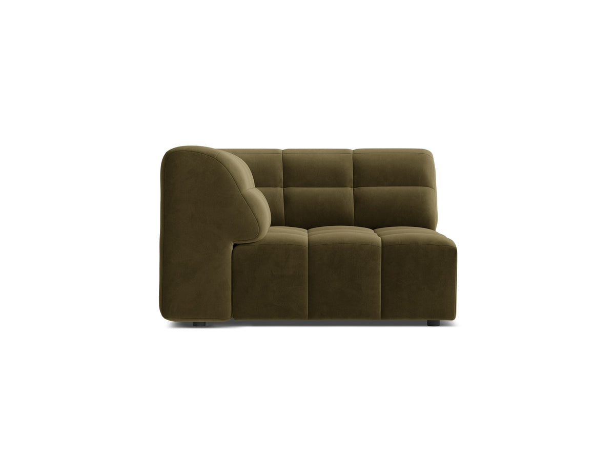 Eckmodul eines modularen Sofas in leichtem Beige mit Chenille-Bezug Eden, schwarzen Kunststoffbeinen und niedriger Rückenlehne.
