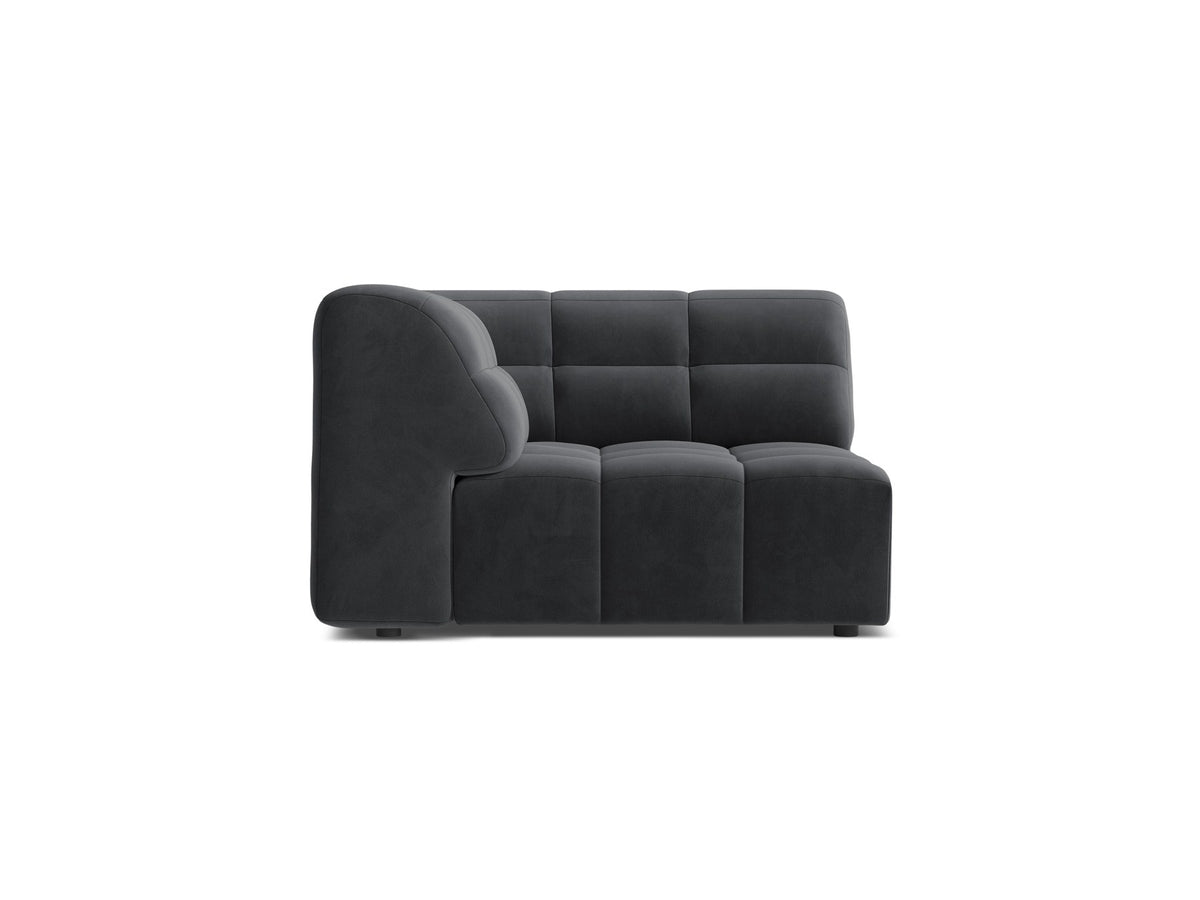 Eckmodul eines modularen Sofas in leichtem Beige mit Chenille-Bezug Eden, schwarzen Kunststoffbeinen und niedriger Rückenlehne.