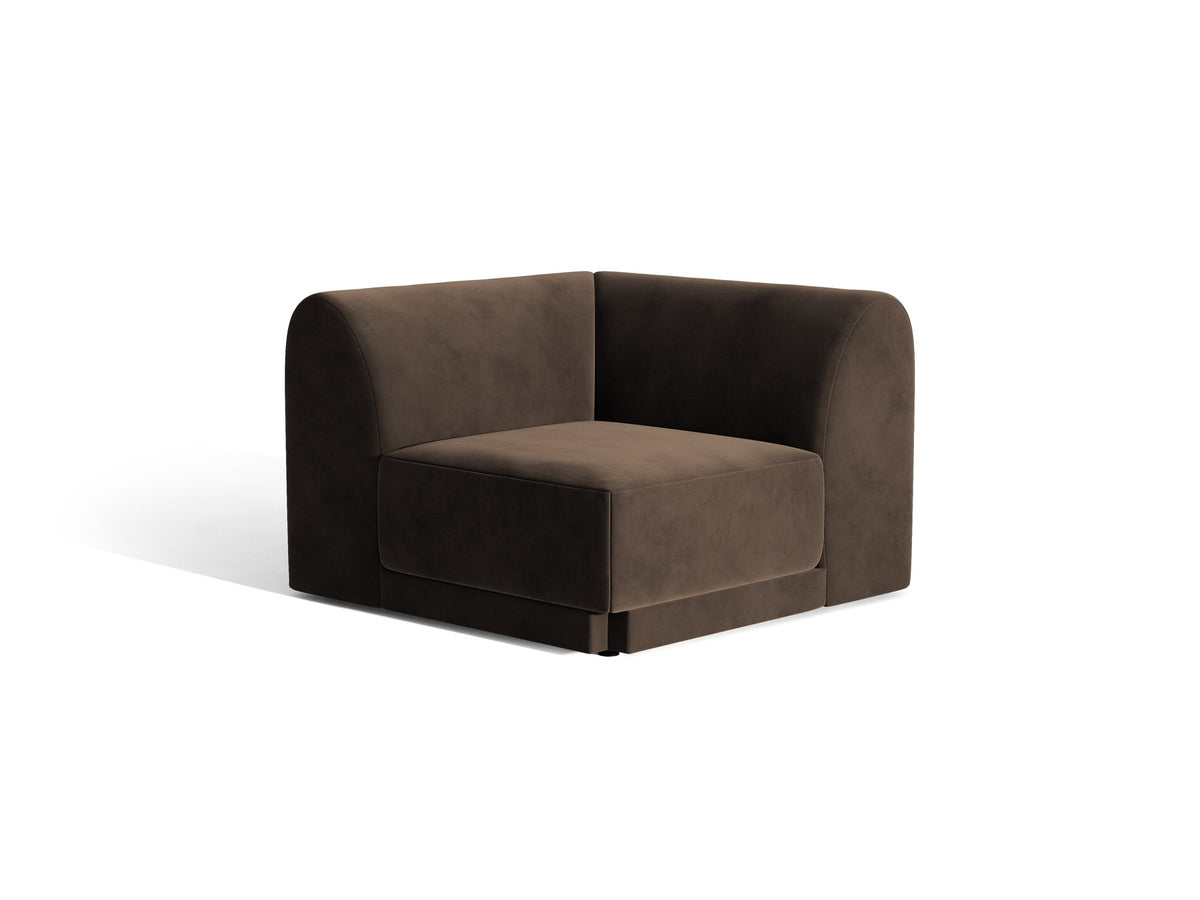 Miley Eckmodul von Micadoni in Dunkelbeige, modulares Sofa mit Stoffbezug Bluvel 30 und schwarzen Kunststoffbeinen aus Polypropylen