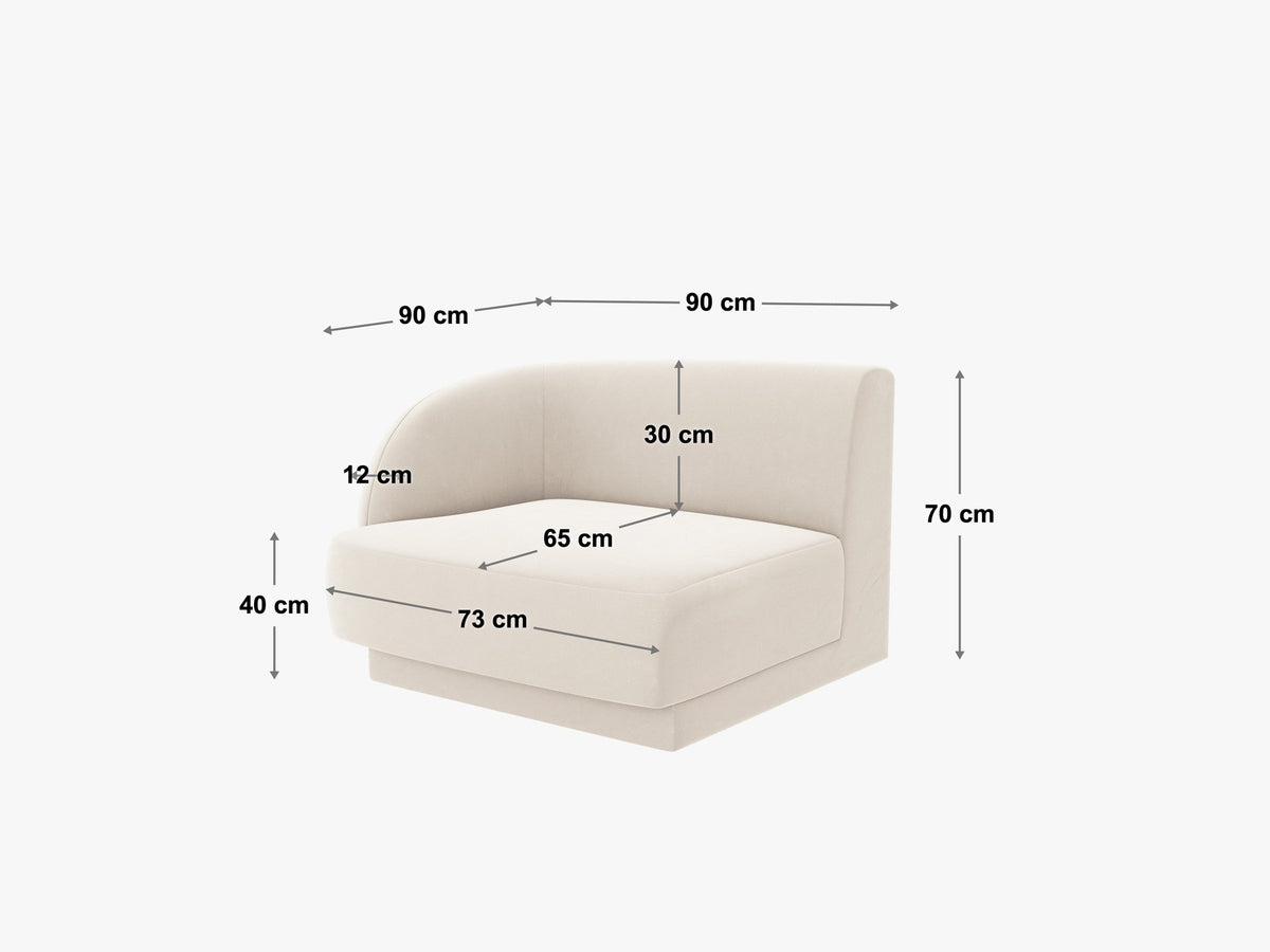 Dunkelbeiger Einsitzer aus der modularen Miley-Sofa-Serie von Micadoni, Bezug aus Bluvel-Stoff, schwarze Kunststofffüsse, kompakte quadratische Form.