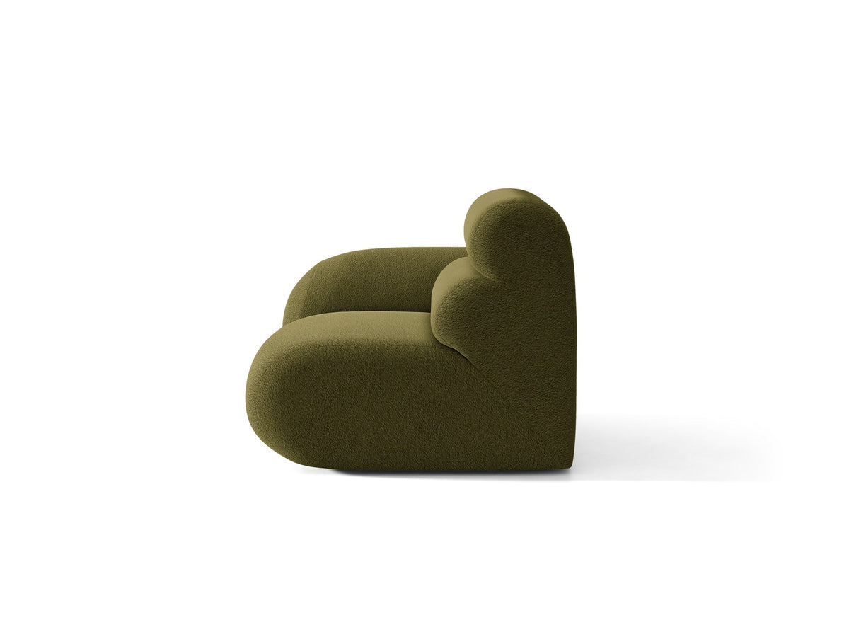 Modulares Sofa Neo von Micadoni in Dunkles olivgrün mit strukturiertem Bouclé-Stoffbezug, schwarzen Kunststoffbeinen und hoher Rückenlehne.