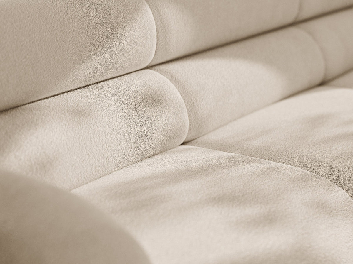 Modulares Sofa Neo von Micadoni in Dunkles olivgrün mit strukturiertem Bouclé-Stoffbezug, schwarzen Kunststoffbeinen und hoher Rückenlehne.