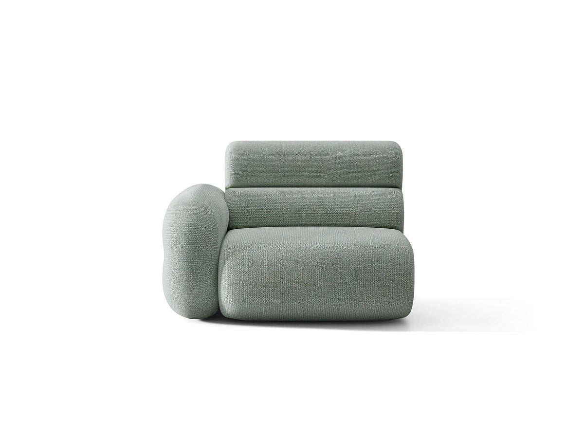 Modulares Sofa Neo von Micadoni in Dunkles olivgrün mit strukturiertem Bouclé-Stoffbezug, schwarzen Kunststoffbeinen und hoher Rückenlehne.