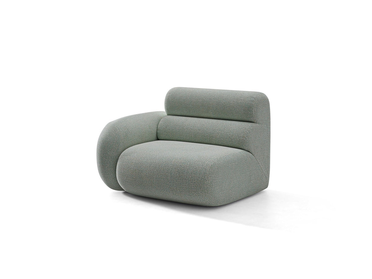 Modulares Sofa Neo von Micadoni in Dunkles olivgrün mit strukturiertem Bouclé-Stoffbezug, schwarzen Kunststoffbeinen und hoher Rückenlehne.