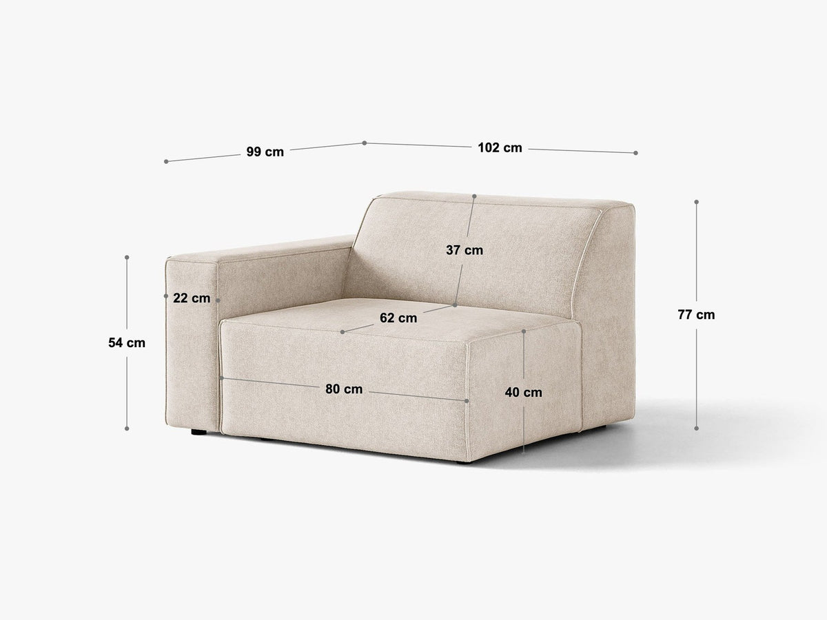 Modulares Sofa-Element Jodie von Micadoni in leichtem Beige mit Venus-Samtstoff, schwarzen Kunststoffbeinen und niedriger Rückenlehne.