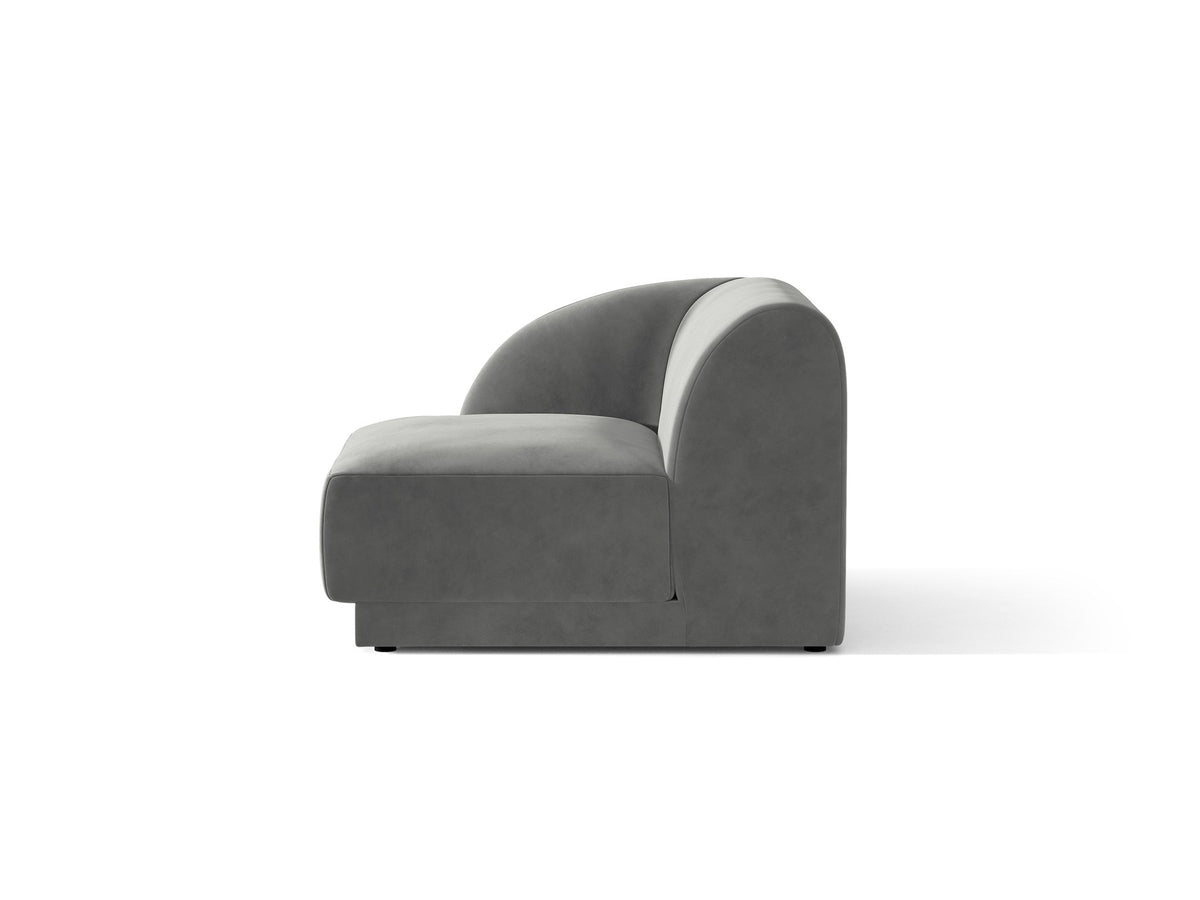 Dunkelbeiger Einsitzer aus der modularen Miley-Sofa-Serie von Micadoni, Bezug aus Bluvel-Stoff, schwarze Kunststofffüsse, kompakte quadratische Form.