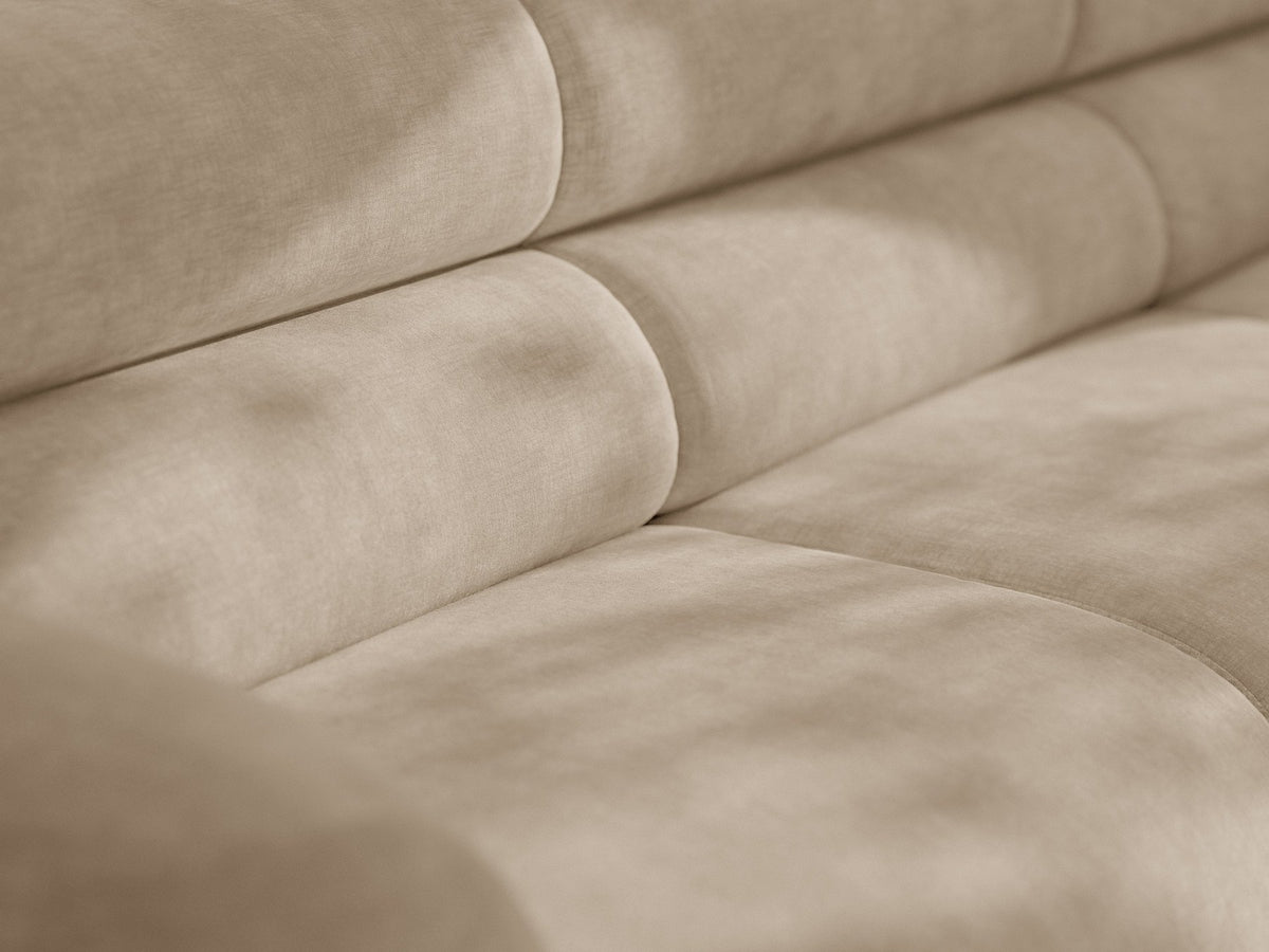 Modulares Sofa Neo von Micadoni in Dunkles olivgrün mit strukturiertem Bouclé-Stoffbezug, schwarzen Kunststoffbeinen und hoher Rückenlehne.