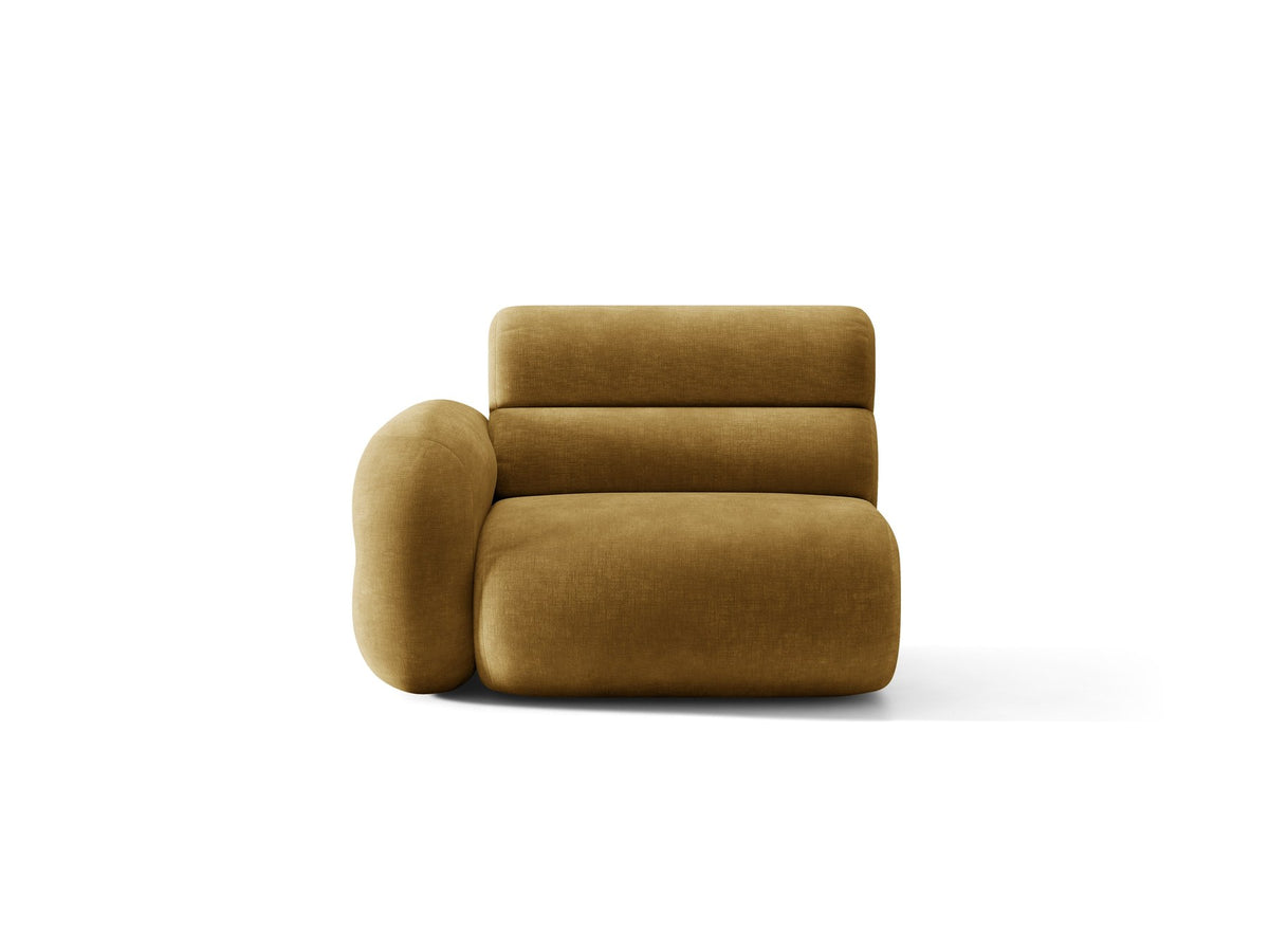 Modulares Sofa Neo von Micadoni in Dunkles olivgrün mit strukturiertem Bouclé-Stoffbezug, schwarzen Kunststoffbeinen und hoher Rückenlehne.