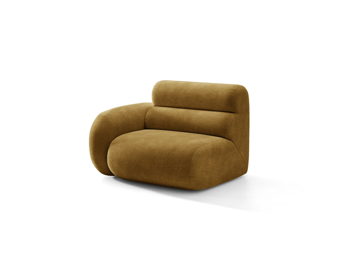 Modulares Sofa Neo von Micadoni in Dunkles olivgrün mit strukturiertem Bouclé-Stoffbezug, schwarzen Kunststoffbeinen und hoher Rückenlehne.