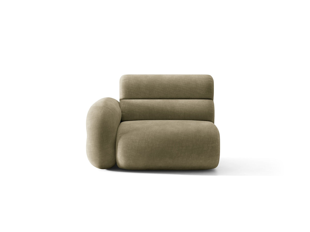 Modulares Sofa Neo von Micadoni in Dunkles olivgrün mit strukturiertem Bouclé-Stoffbezug, schwarzen Kunststoffbeinen und hoher Rückenlehne.