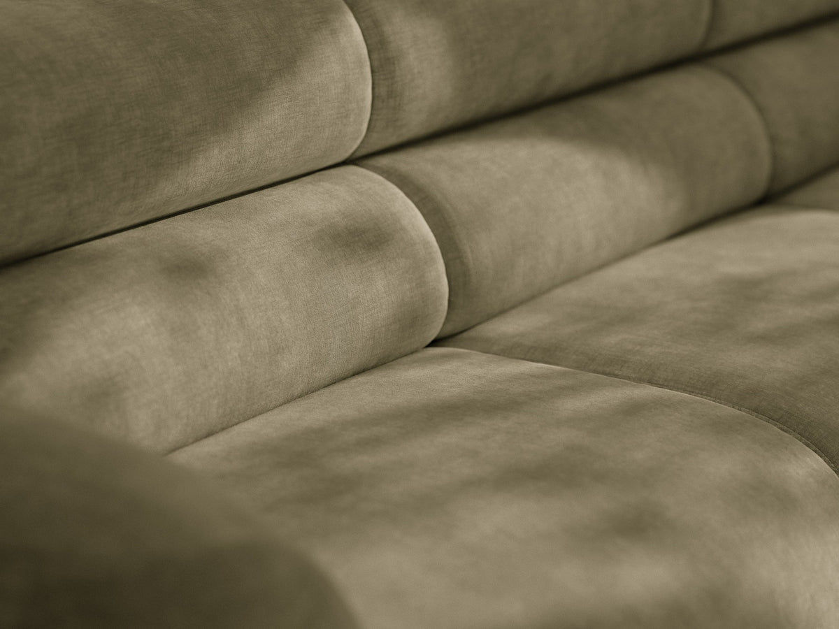 Modulares Sofa Neo von Micadoni in Dunkles olivgrün mit strukturiertem Bouclé-Stoffbezug, schwarzen Kunststoffbeinen und hoher Rückenlehne.