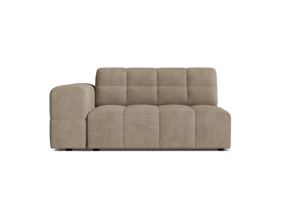 Sofamodul Jennifer links, 126 cm breit, in leichtem Beige mit Chenille-Stoff Eden, schwarze Kunststoffbeine, Frontalansicht des Möbelstücks.