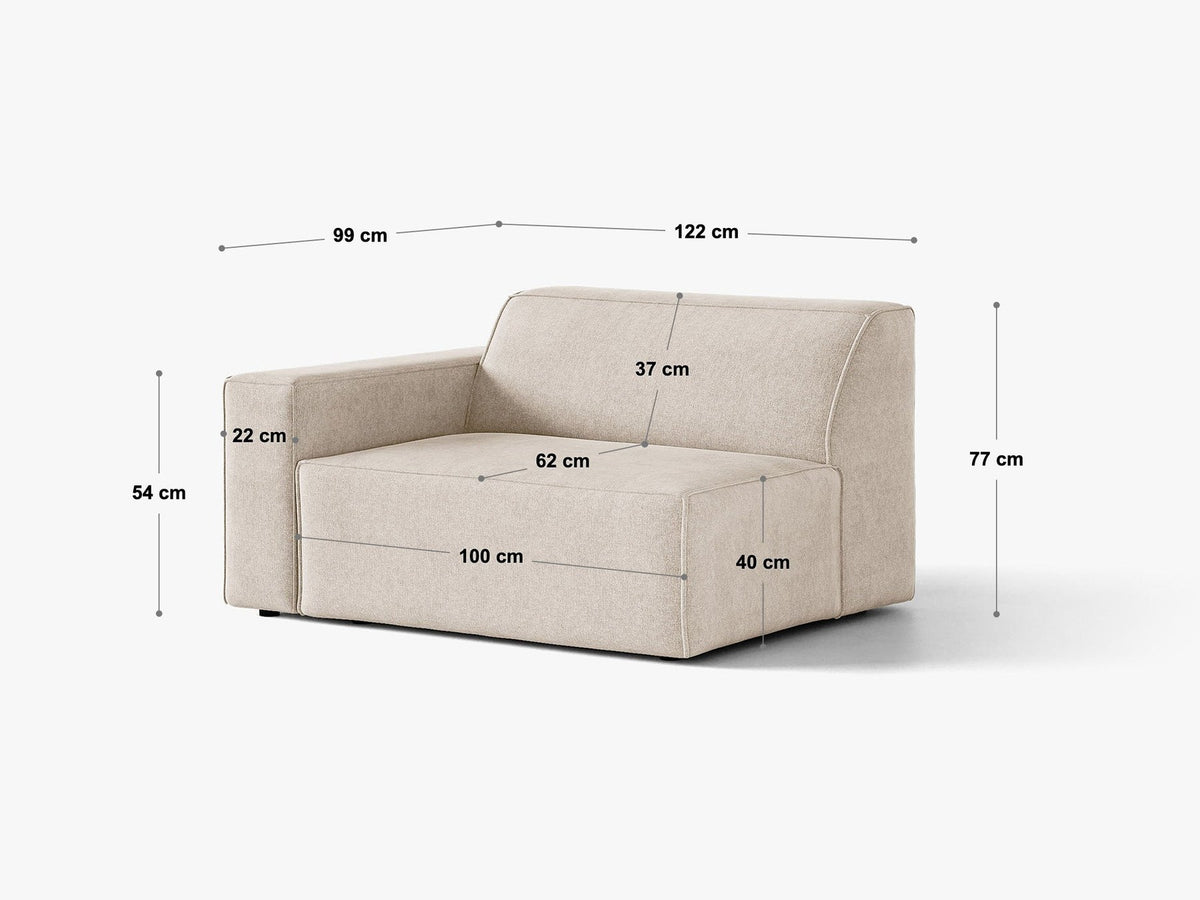 Modulares Sofa-Element Jodie von Micadoni in Leichtes Beige mit Venus Samtstoff, schwarzen Kunststoffbeinen und niedriger Rückenlehne.