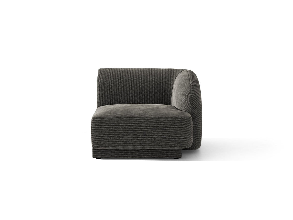 Miley Einsitzer von Micadoni: modulares Sofa-Modul in Dunkelbeige mit Stoffbezug Bluvel 30, schwarzen Kunststoffbeinen und gepolsterter Rückenlehne.