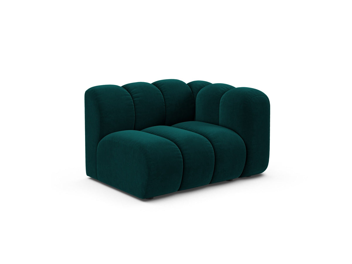 Produktfoto des Lupine Einsitzers von Micadoni: modulares Sofa mit beigem Venus-Stoffbezug und schwarzen Kunststoffbeinen.
