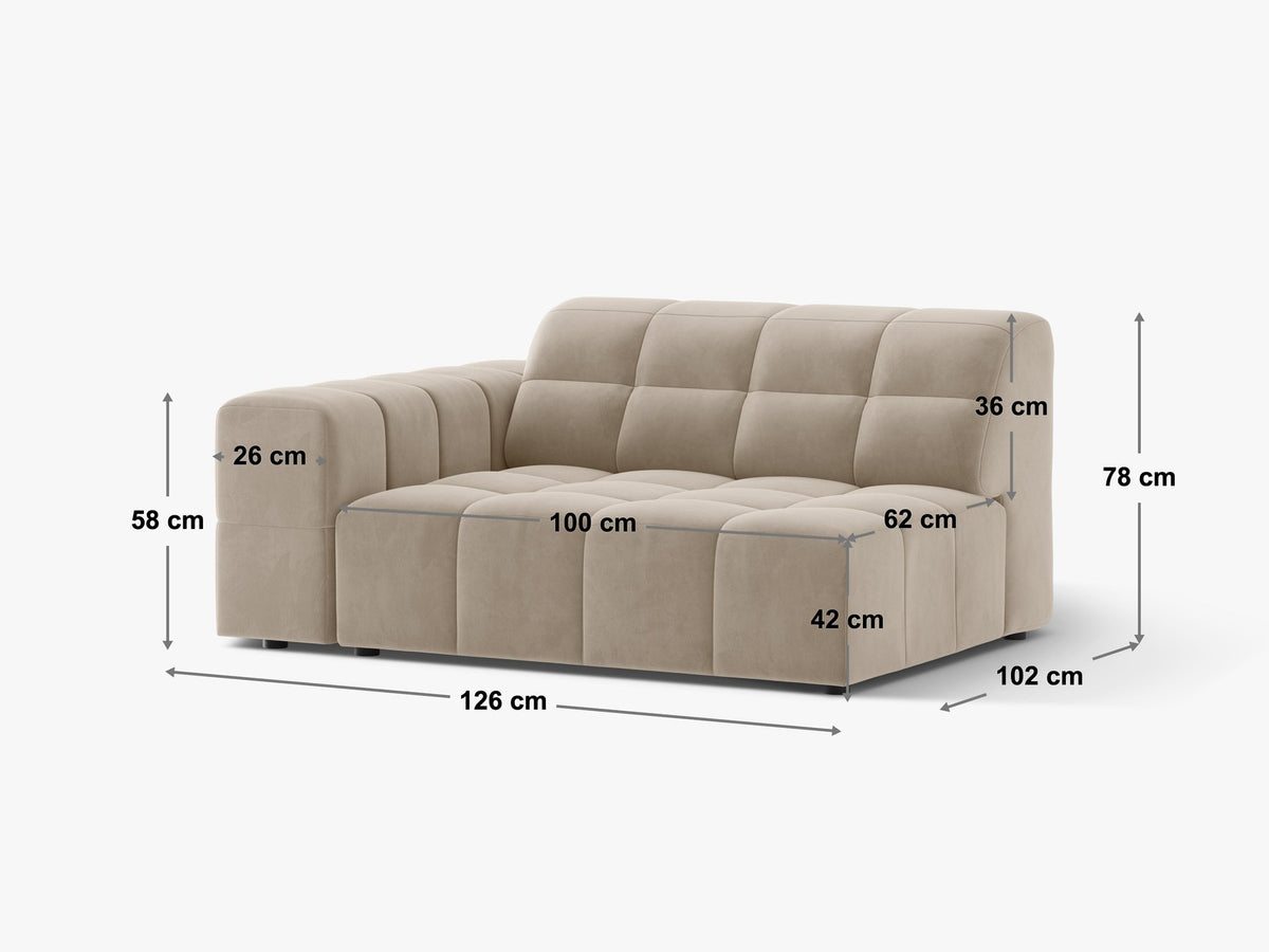 Modulares Sofa Jennifer von Micadoni in leichtem Beige, Bezug aus Eden-Chenille mit 3D-Struktur, schwarze Kunststoffbeine, rechtsseitige Ausrichtung.