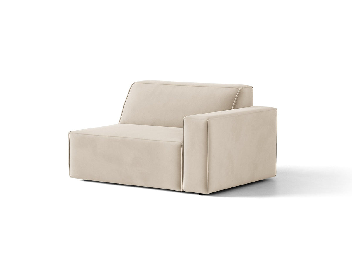 Modulares Sofa Jodie von Micadoni in leichtem Beige, Venus Samtstoff, schwarzen Kunststoffbeinen, rechtsseitige Ausrichtung als Eckmodul.