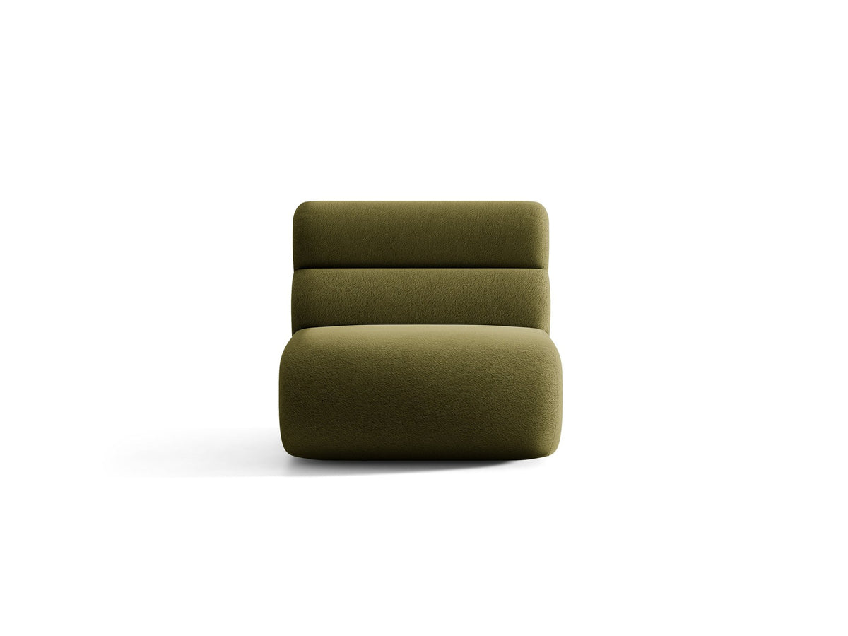 Armloses Samtmodul-Sofaelement Neo von Micadoni in dunklem Olivgrün, mit schwarzen Kunststoffbeinen, Teil eines modularen Sofasystems.