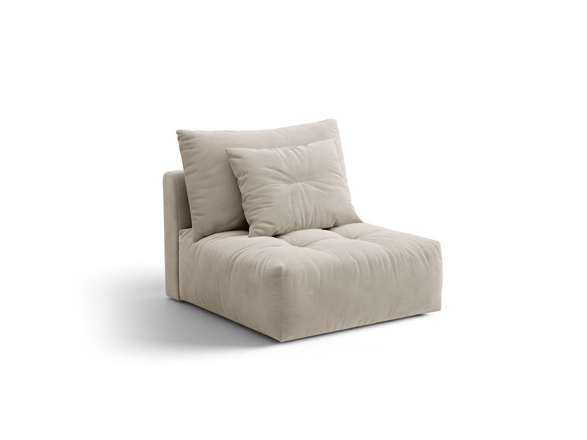 Armloses Sofa-Modul der Serie Bloom von Micadoni mit beigefarbenem Samtbezug Casino Pearl und schwarzen Kunststoffbeinen.