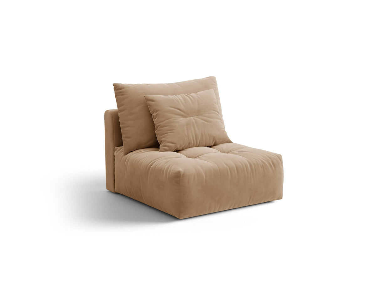 Armloses Sofa-Modul der Serie Bloom von Micadoni mit beigefarbenem Samtbezug Casino Pearl und schwarzen Kunststoffbeinen.