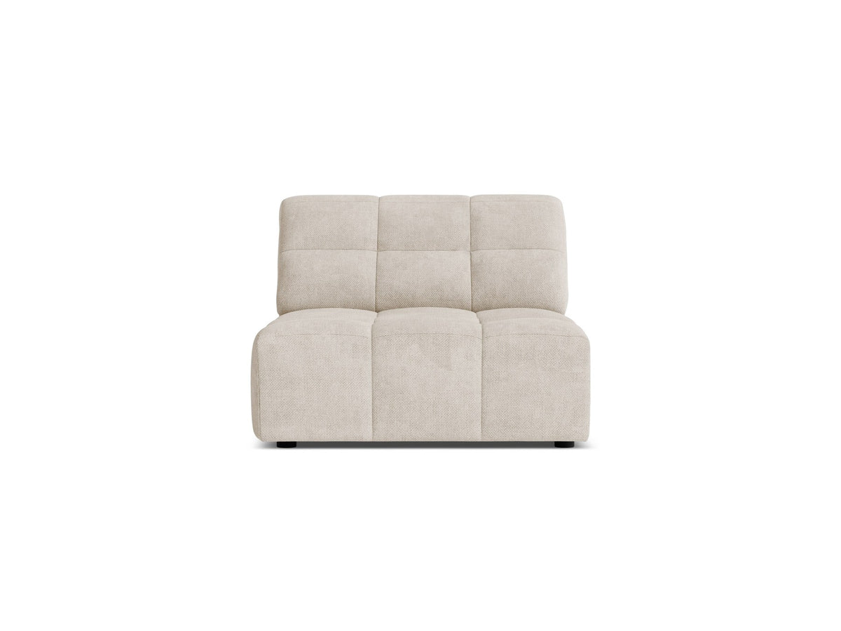 Armloses Sofamodul Jennifer von Micadoni in leichtem Beige, Chenillestoff mit 3D-Struktur, schwarze Kunststoffbeine, Frontalansicht.