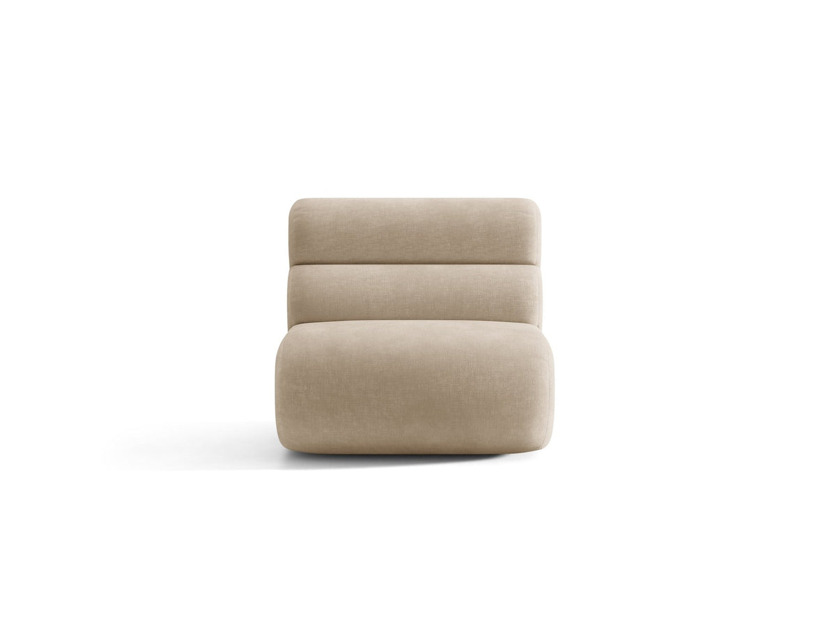 Armloses Samtmodul-Sofaelement Neo von Micadoni in dunklem Olivgrün, mit schwarzen Kunststoffbeinen, Teil eines modularen Sofasystems.