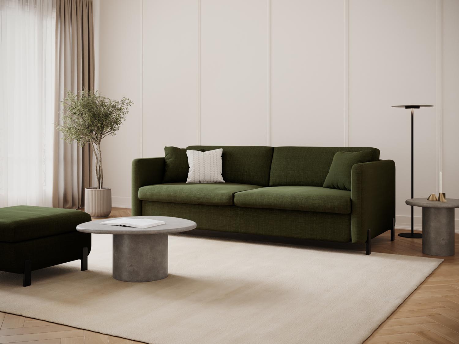 Elegantes 2-Sitzer Sofa Gloria mit Schlaffunktion in stilvollem Grün, ideal für moderne Wohnräume und Gästezimmer.