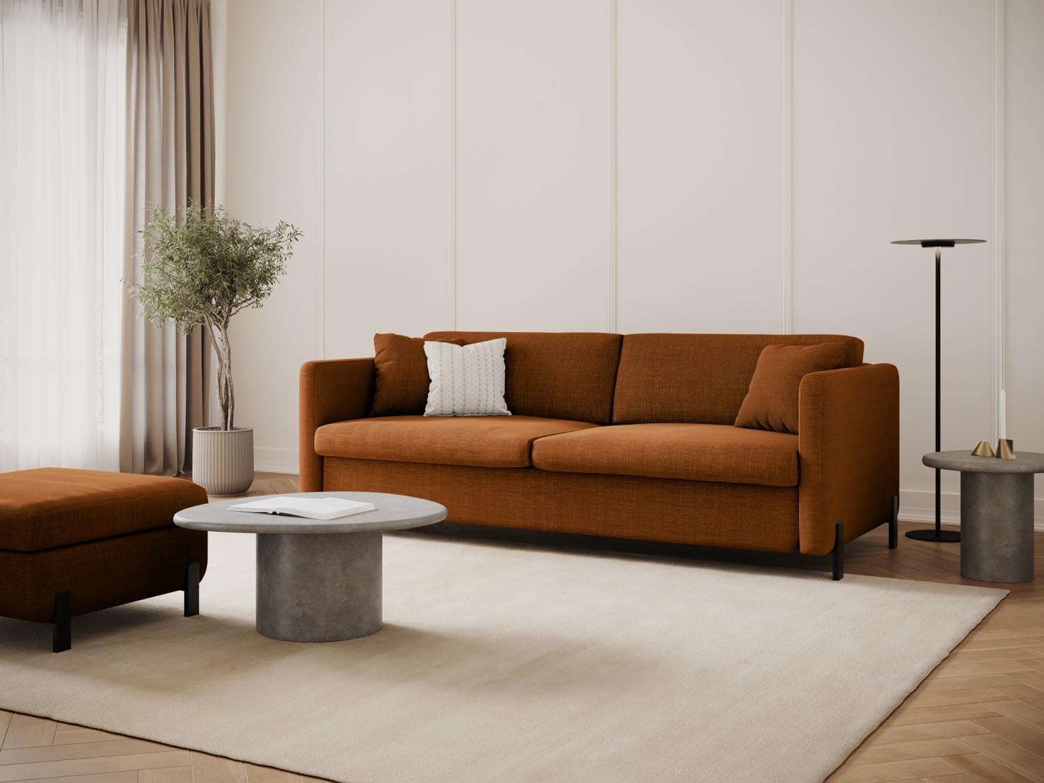 Elegantes Gloria Sofa mit Schlaffunktion, 2-Sitzer in Brick-Bjorn, ideal für stilvolle Wohnräume und gemütliche Nächte.