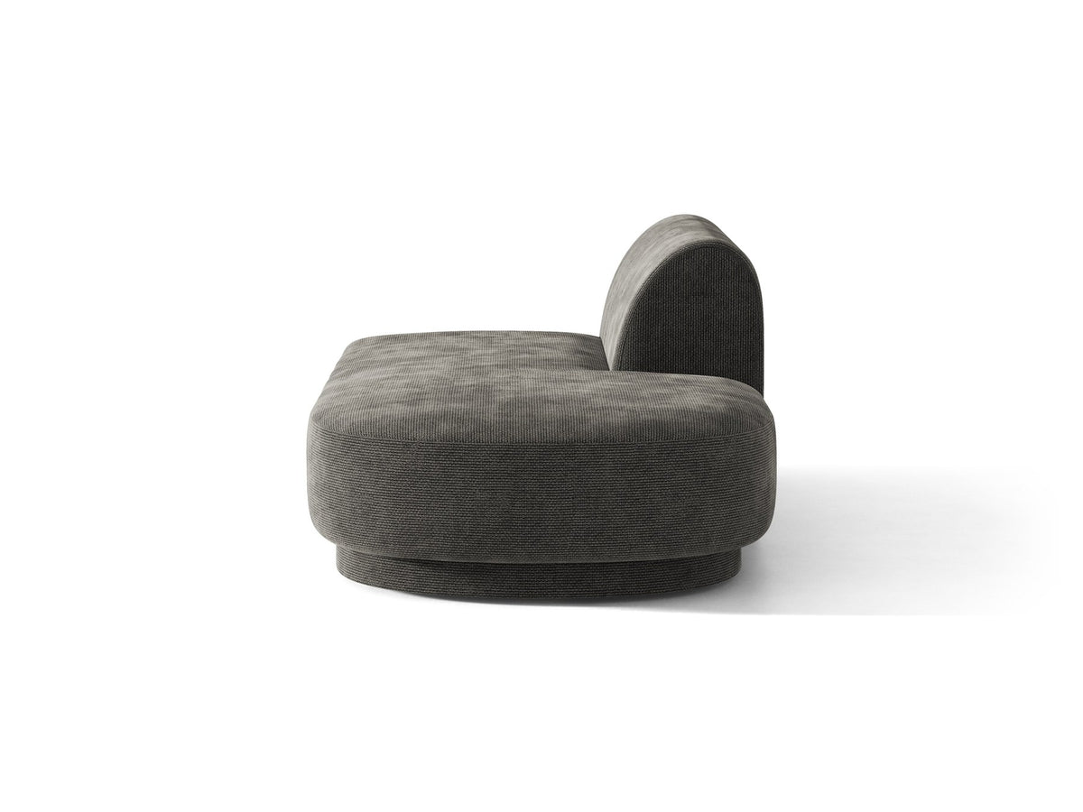 Modulares Sofaelement in Dunkelbeige mit Bluvel-Stoffbezug, schwarzen Kunststoffbeinen und niedriger Rückenlehne, rechts ausgerichtet.