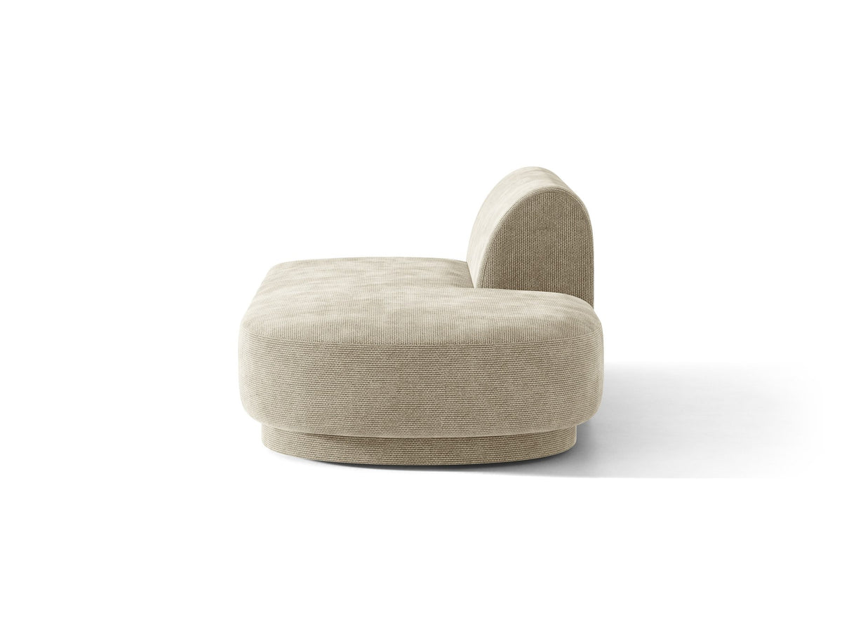 Modulares Sofaelement in Dunkelbeige mit Bluvel-Stoffbezug, schwarzen Kunststoffbeinen und niedriger Rückenlehne, rechts ausgerichtet.