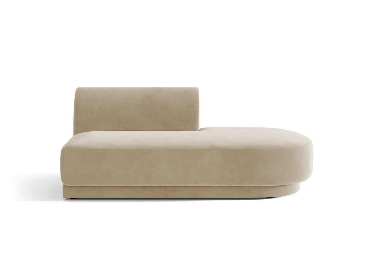 Modulares Sofaelement in Dunkelbeige mit Bluvel-Stoffbezug, schwarzen Kunststoffbeinen und niedriger Rückenlehne, rechts ausgerichtet.