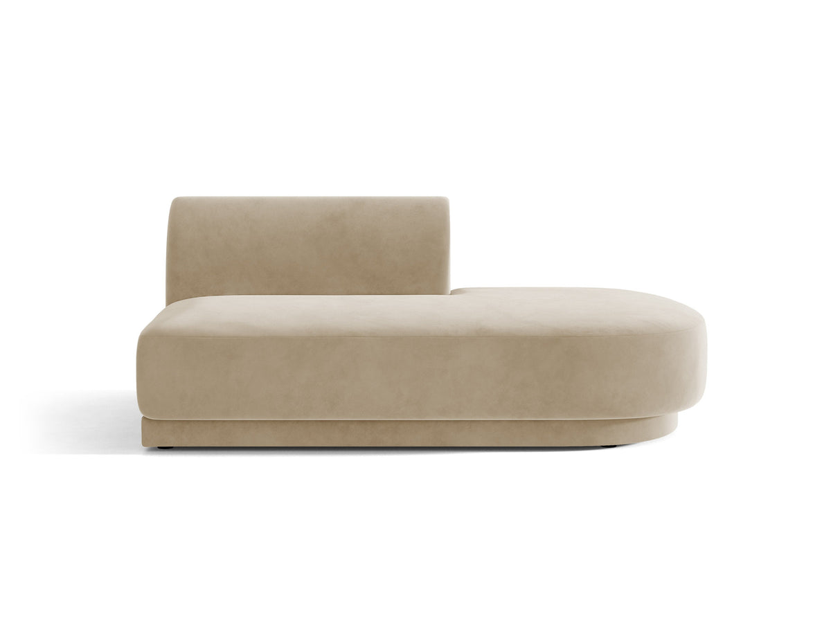 Modulares Sofaelement in Dunkelbeige mit Bluvel-Stoffbezug, schwarzen Kunststoffbeinen und niedriger Rückenlehne, rechts ausgerichtet.