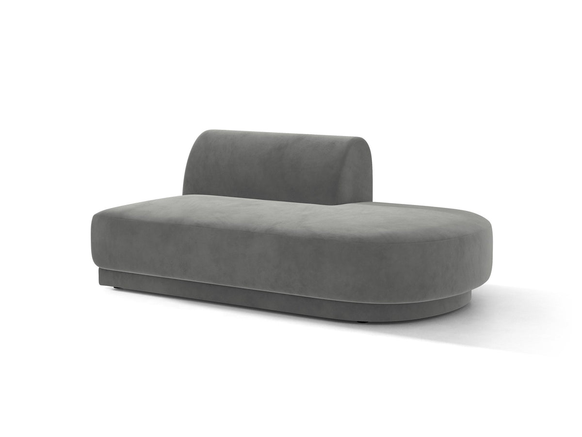 Modulares Sofaelement in Dunkelbeige mit Bluvel-Stoffbezug, schwarzen Kunststoffbeinen und niedriger Rückenlehne, rechts ausgerichtet.