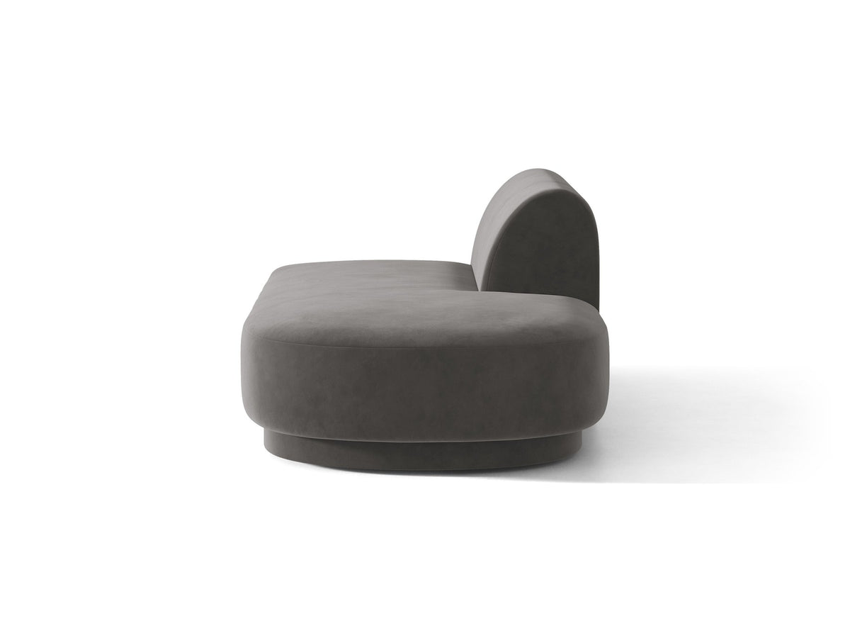 Modulares Sofaelement in Dunkelbeige mit Bluvel-Stoffbezug, schwarzen Kunststoffbeinen und niedriger Rückenlehne, rechts ausgerichtet.