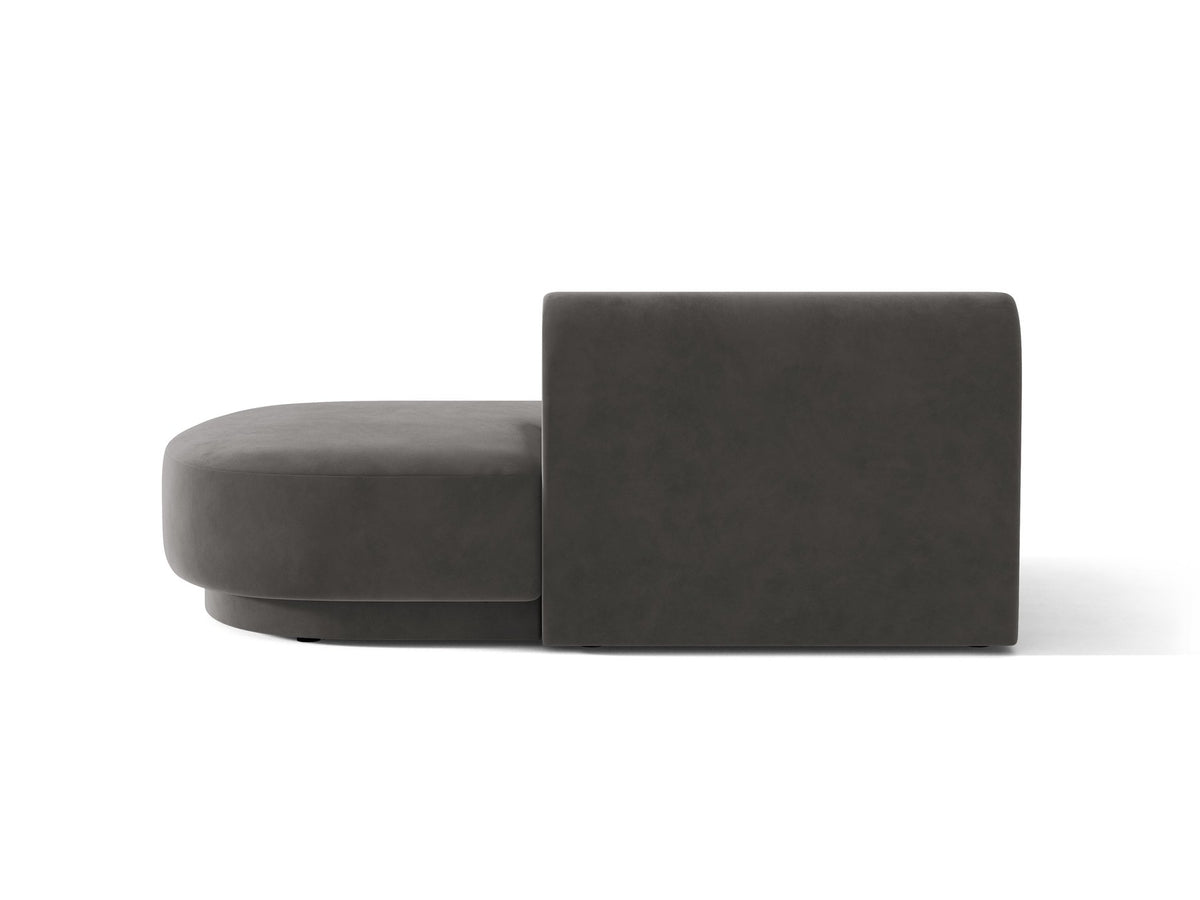 Modulares Sofaelement in Dunkelbeige mit Bluvel-Stoffbezug, schwarzen Kunststoffbeinen und niedriger Rückenlehne, rechts ausgerichtet.