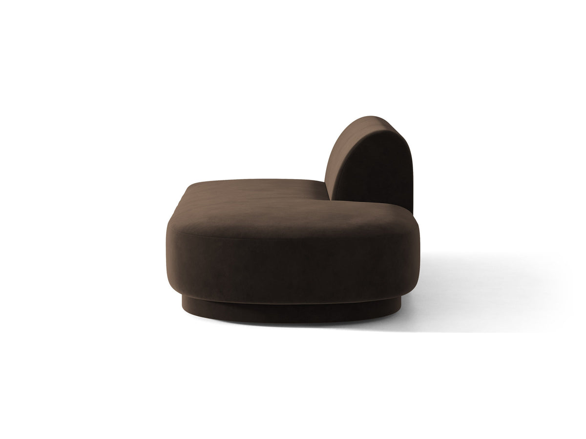 Modulares Sofaelement in Dunkelbeige mit Bluvel-Stoffbezug, schwarzen Kunststoffbeinen und niedriger Rückenlehne, rechts ausgerichtet.