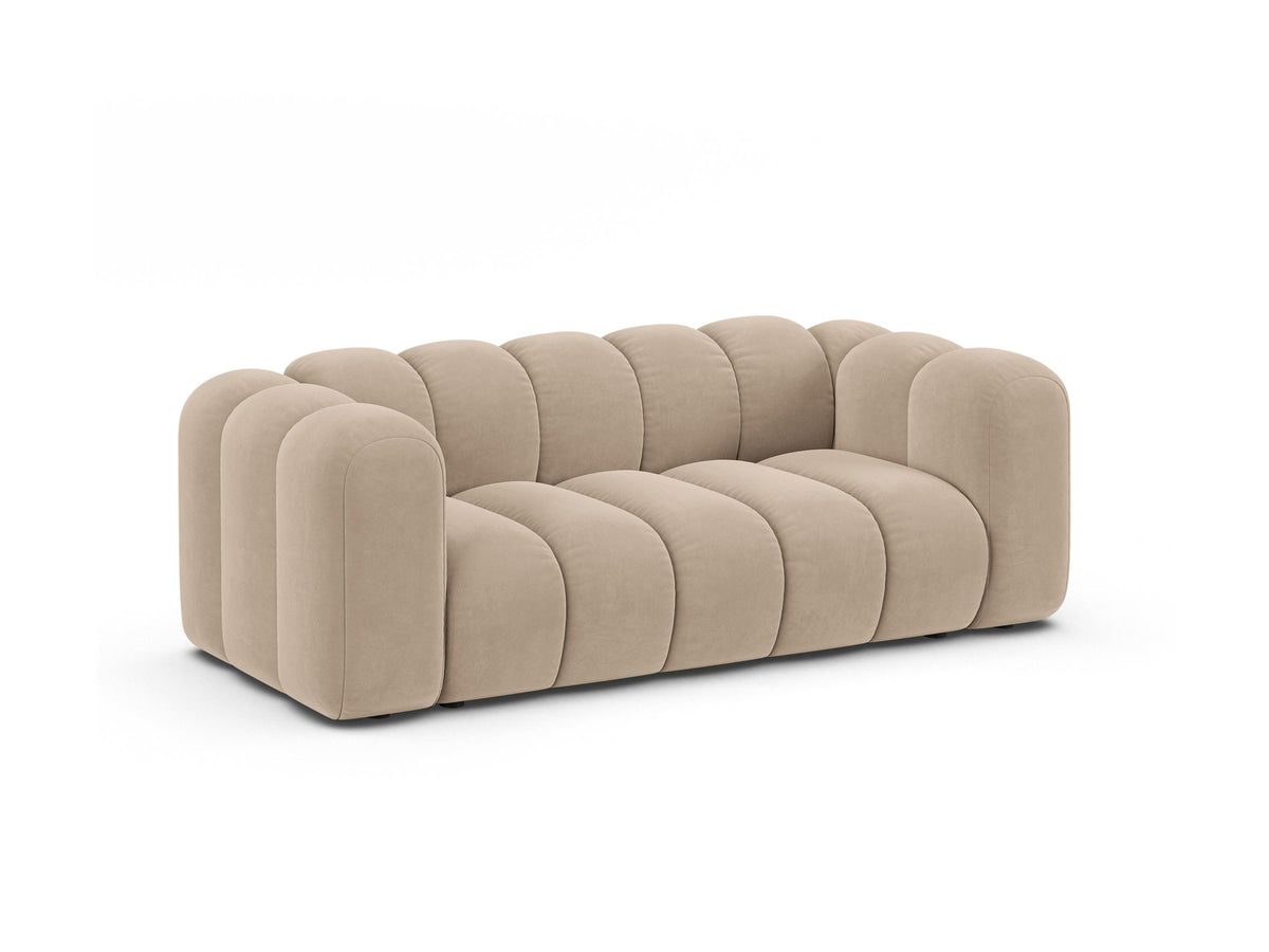 2er Sofa Lupine von Micadoni in leichtem Beige mit Samtstoff Venus, schwarzen Kunststoffbeinen und gerader Rückenlehne, Frontansicht.