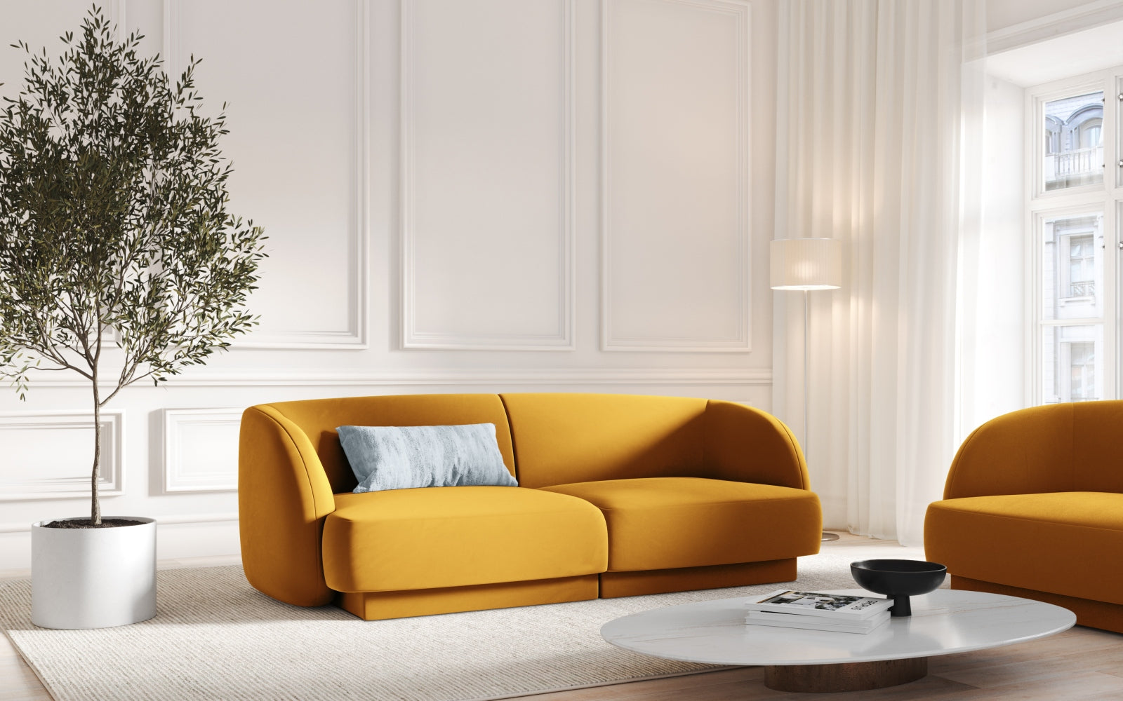 Elegantes Miley Velour Sofa 2 Sitzer in stilvollem Gelb-Blau, ideal für moderne Wohnräume und gemütliche Abende.