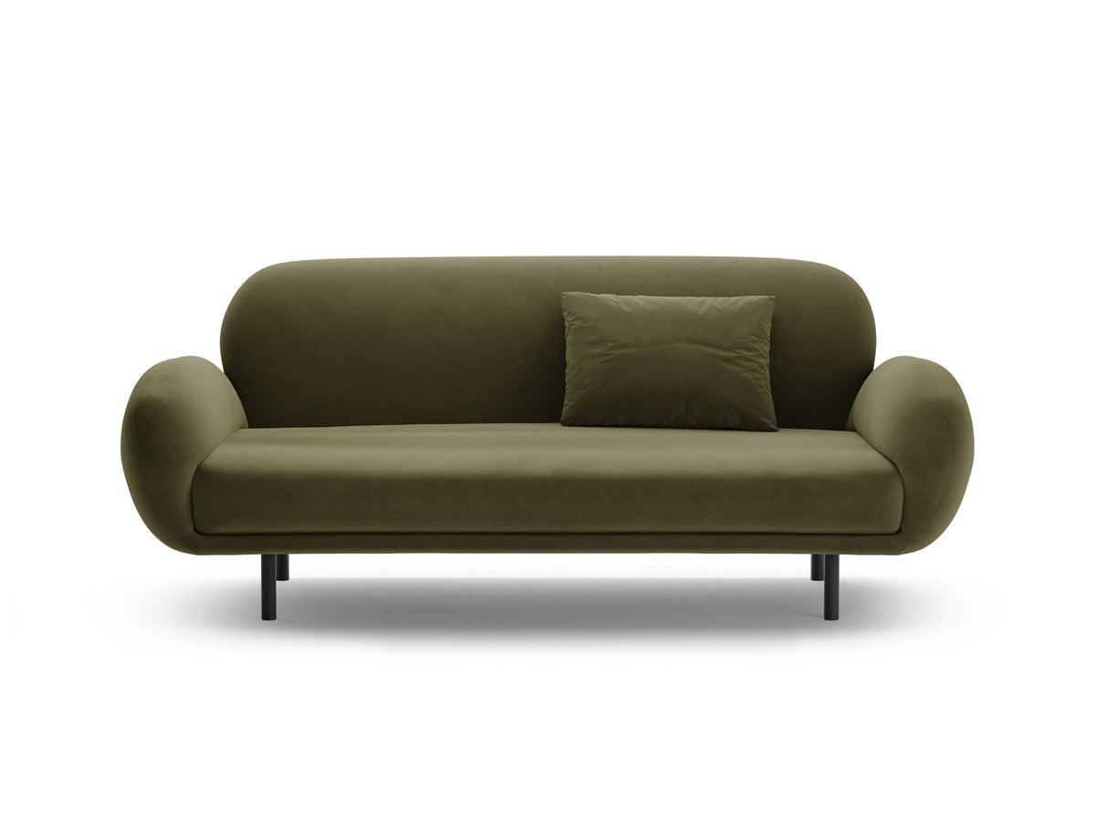 Weisses 2er Sofa Poppy von Micadoni mit rundlicher Silhouette, Bouclé-Stoff Baloo und schwarzen Stahlbeinen vor neutralem Hintergrund.