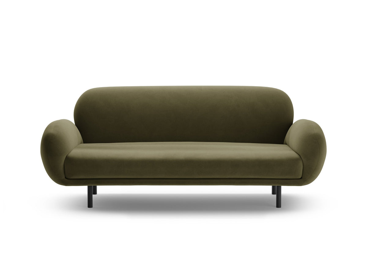 Weisses 2er Sofa Poppy von Micadoni mit rundlicher Silhouette, Bouclé-Stoff Baloo und schwarzen Stahlbeinen vor neutralem Hintergrund.