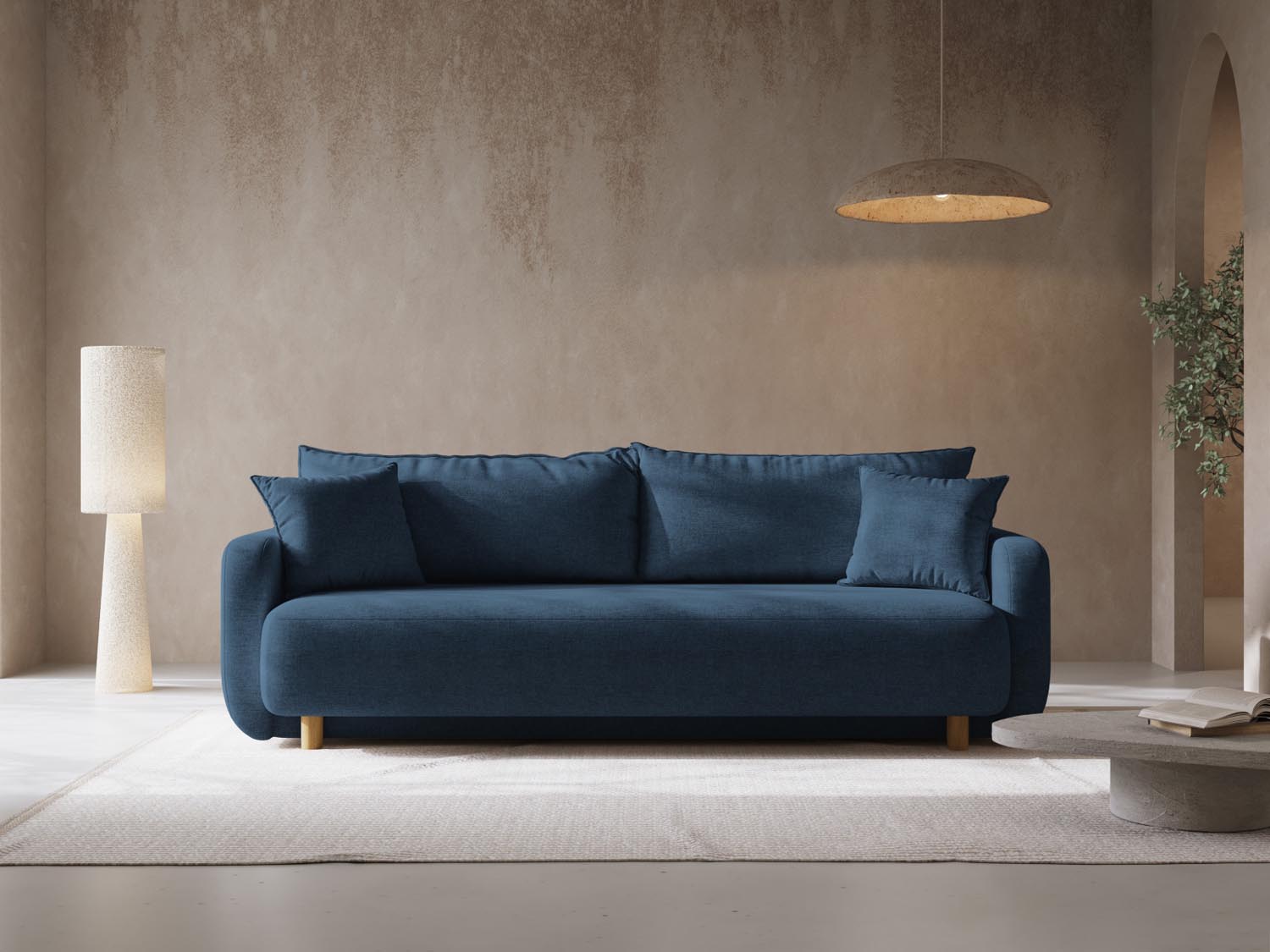 Elegantes Elen Sofa in Navy Blue mit Schlaffunktion und Stauraum, ideal für stilvolle Wohnräume und flexible Nutzung.