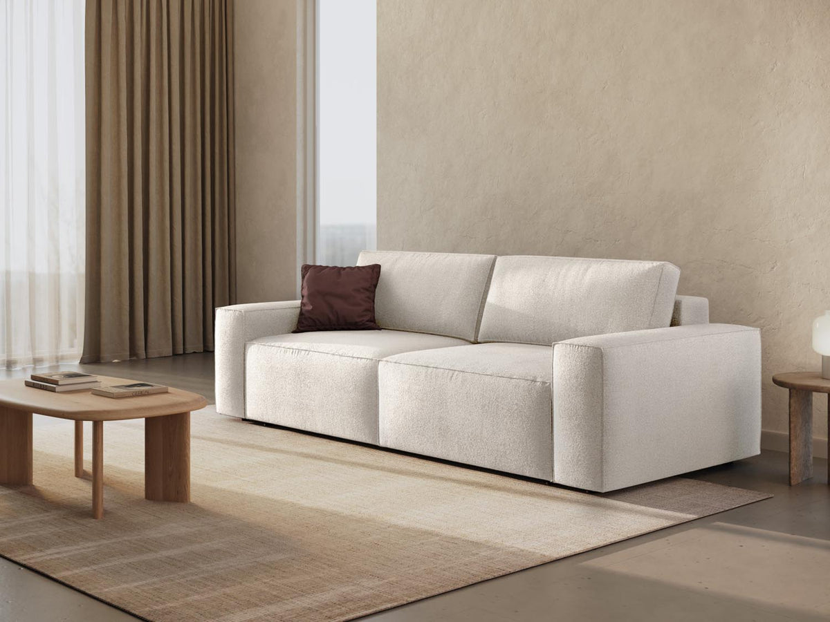 Jodie Boucle Sofa mit Schlaffunktion und Stauraumbox 3 Sitzer in White-Baloo präsentiert im Onlineshop von KAQTU Design AG. Bettsofa ist von Micadoni