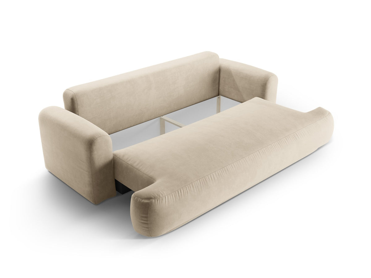Beiges 3er Sofa Ella von Micadoni mit Veloursstoff-Bezug, ausklappbarer Bettfunktion, Stauraumbox und schwarzen Kunststoffbeinen.