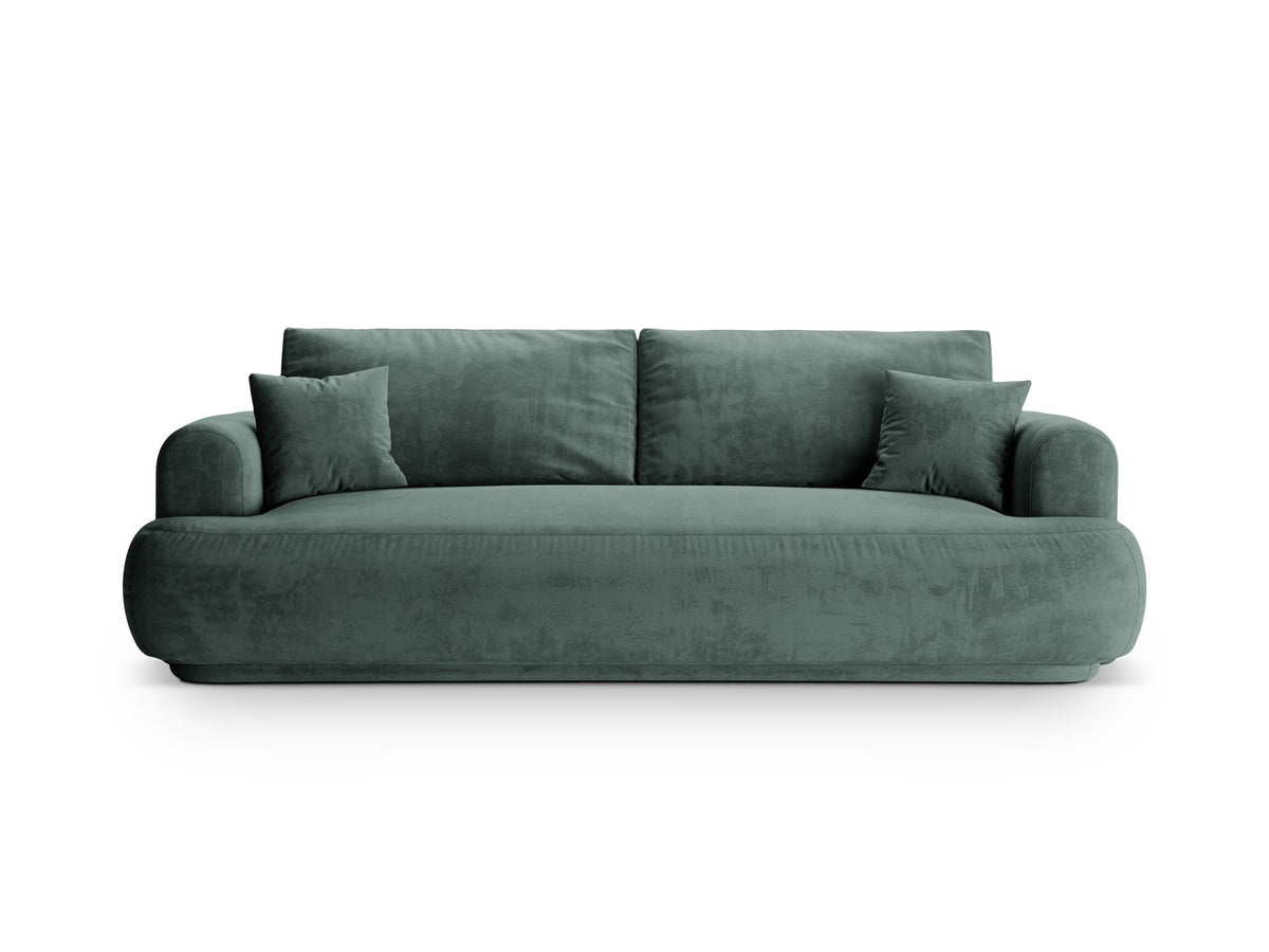 Beiges 3er Sofa Ella von Micadoni mit Veloursstoff-Bezug, ausklappbarer Bettfunktion, Stauraumbox und schwarzen Kunststoffbeinen.