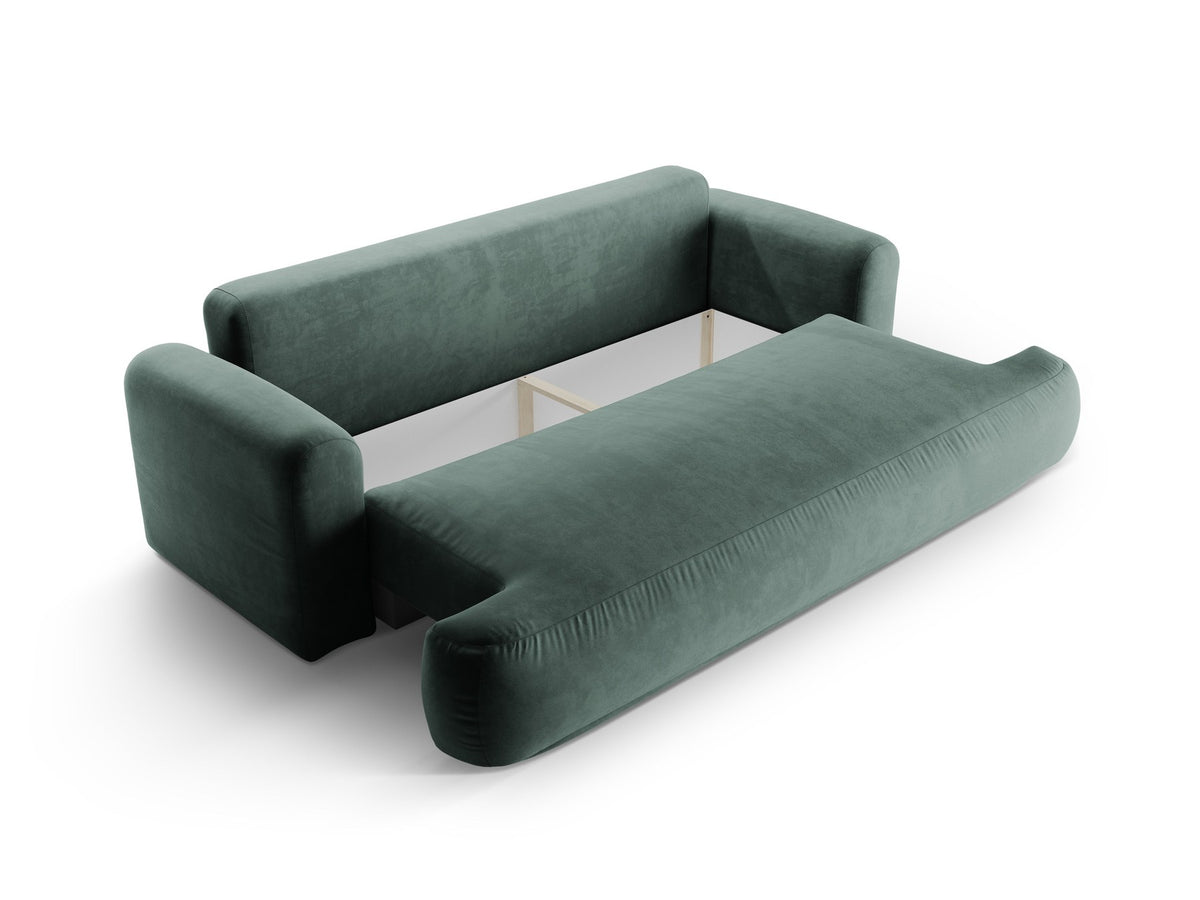 Beiges 3er Sofa Ella von Micadoni mit Veloursstoff-Bezug, ausklappbarer Bettfunktion, Stauraumbox und schwarzen Kunststoffbeinen.