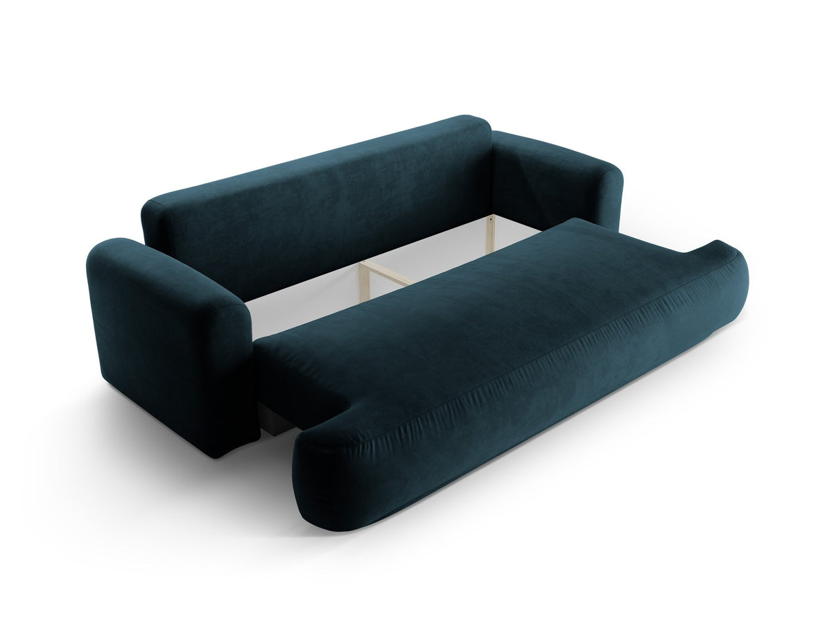 Beiges 3er Sofa Ella von Micadoni mit Veloursstoff-Bezug, ausklappbarer Bettfunktion, Stauraumbox und schwarzen Kunststoffbeinen.