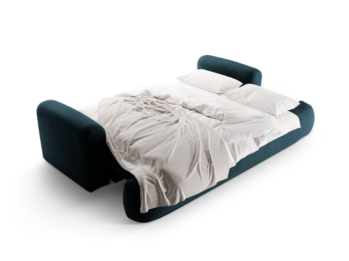 Beiges 3er Sofa Ella von Micadoni mit Veloursstoff-Bezug, ausklappbarer Bettfunktion, Stauraumbox und schwarzen Kunststoffbeinen.