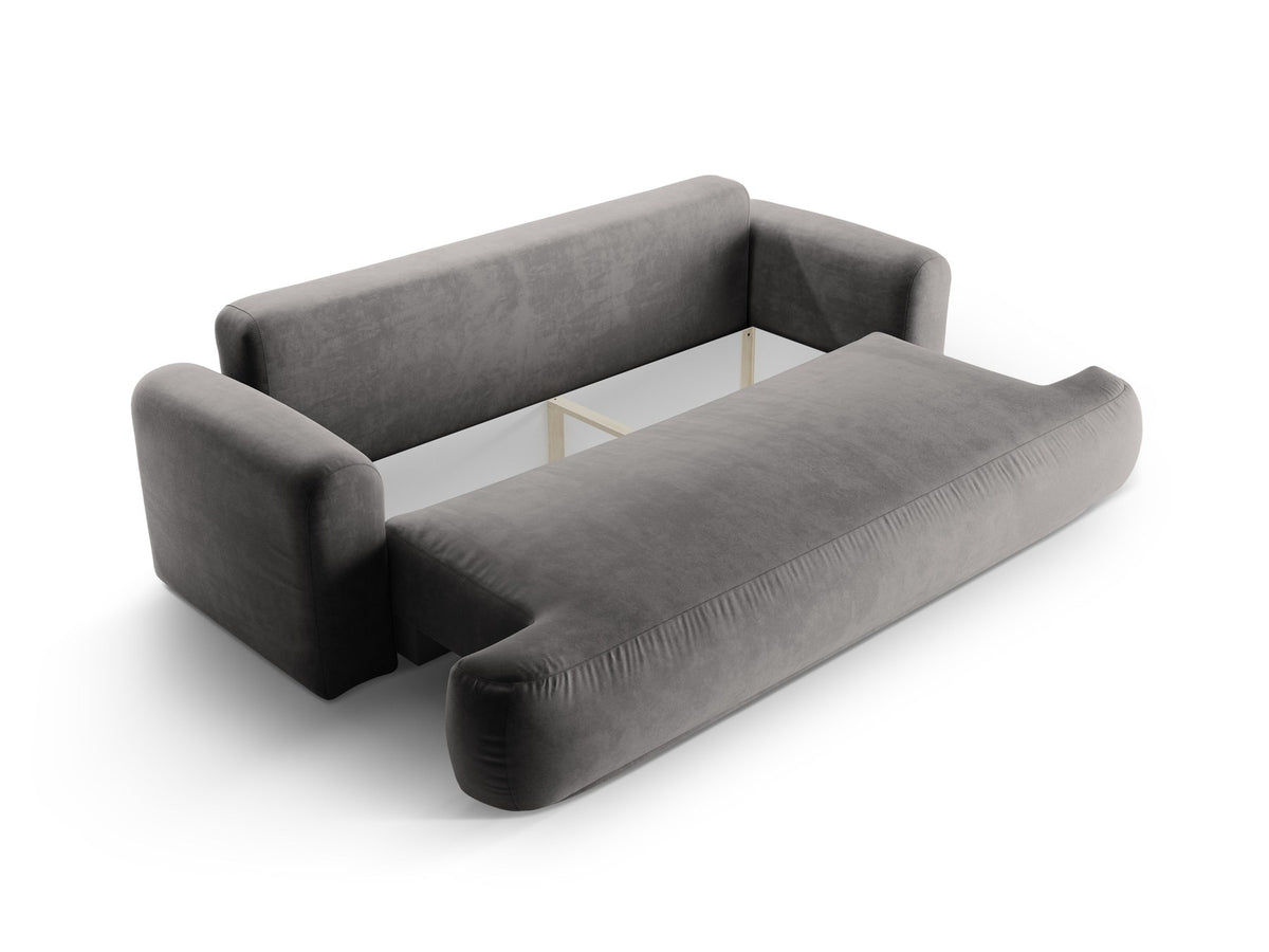 Beiges 3er Sofa Ella von Micadoni mit Veloursstoff-Bezug, ausklappbarer Bettfunktion, Stauraumbox und schwarzen Kunststoffbeinen.