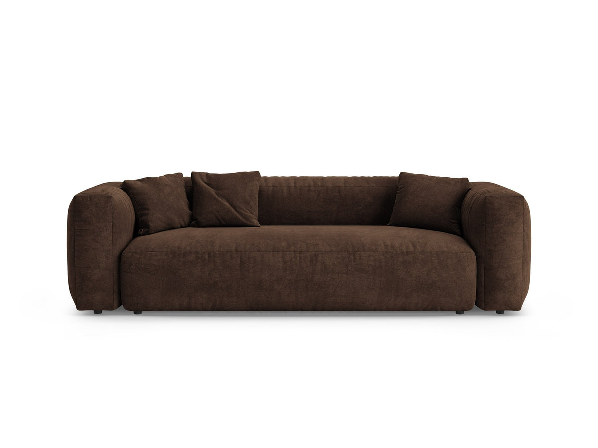 Martina 3er Sofa mit Bettfunktion in Schokolade, Veloursstoff-Bezug, schwarze Kunststoffbeine, moderne klare Form im Wohnzimmer.